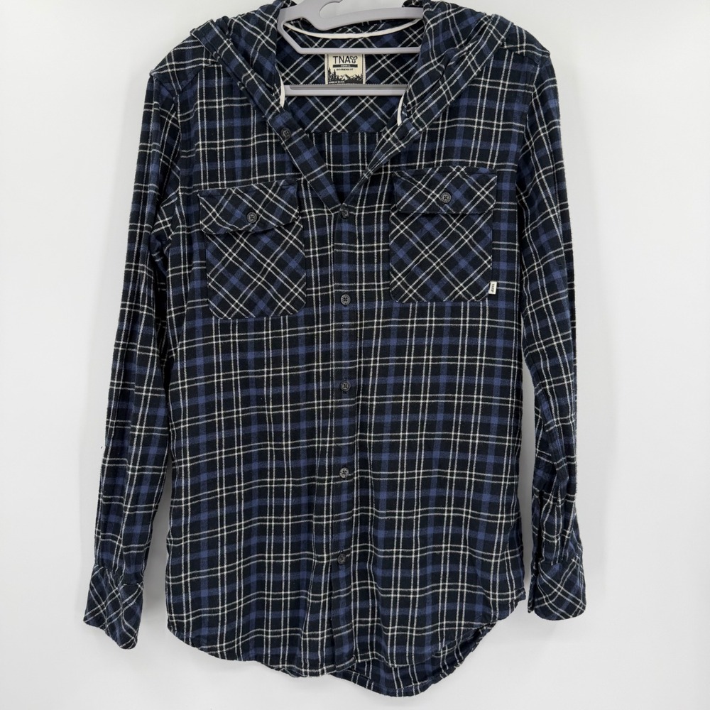 Aritzia TNA Hooded Flannel Shirt Navy Blue Plaid Boyfriend Fit Cotton XS MWC15